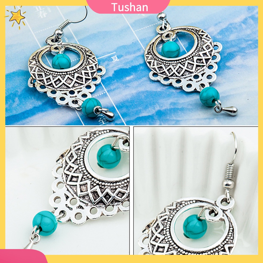 Khuyên tai dáng dài đính đá ngọc lam phong cách Boho