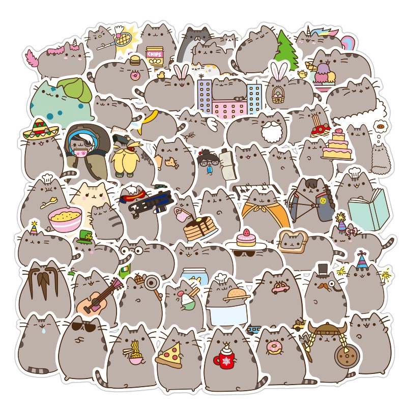 Bộ 100 Miếng Dán Trang Trí Hình Mèo Pusheen Chống Thấm Nước