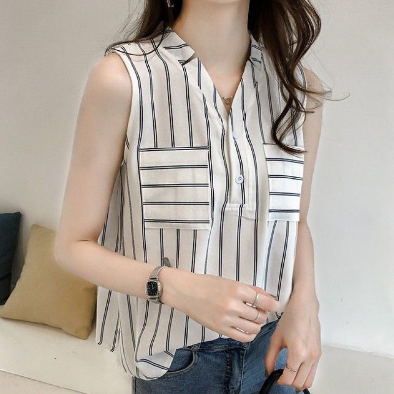 FREESHIP ĐƠN 99K_ Áo Chiffon Sát Nách Cổ Chữ V Hoạ Tiết Kẻ Sọc Cho Phái Nữ