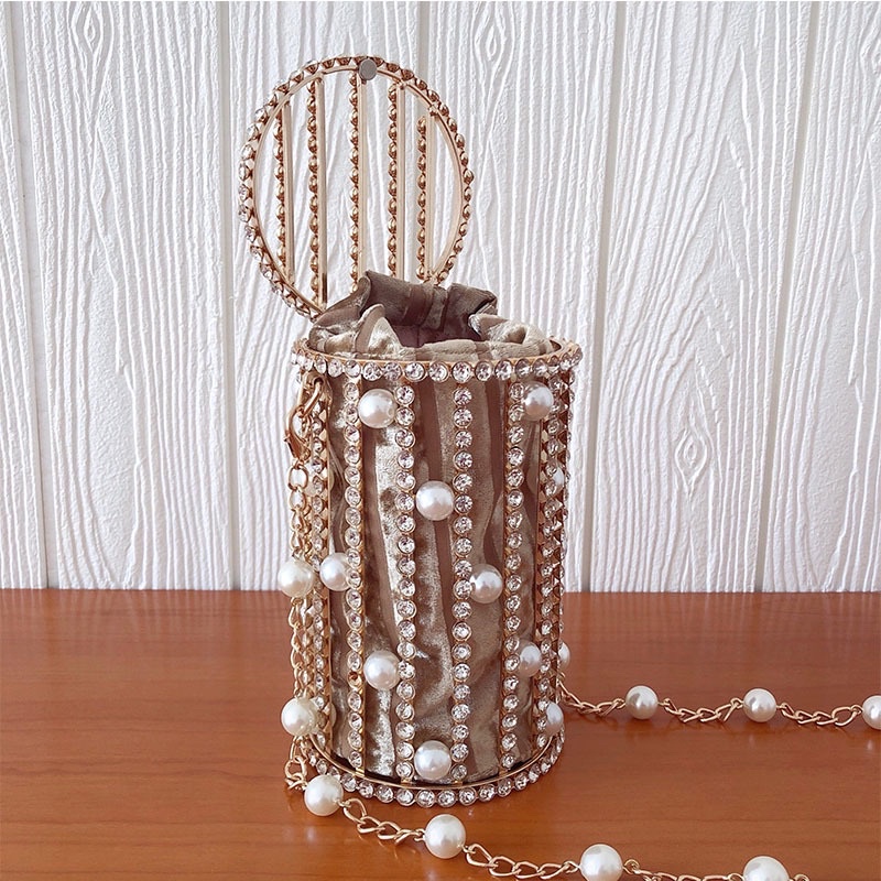 Túi dự tiệc đính đá dáng trống đứng nắp khoá nam châm cá tính