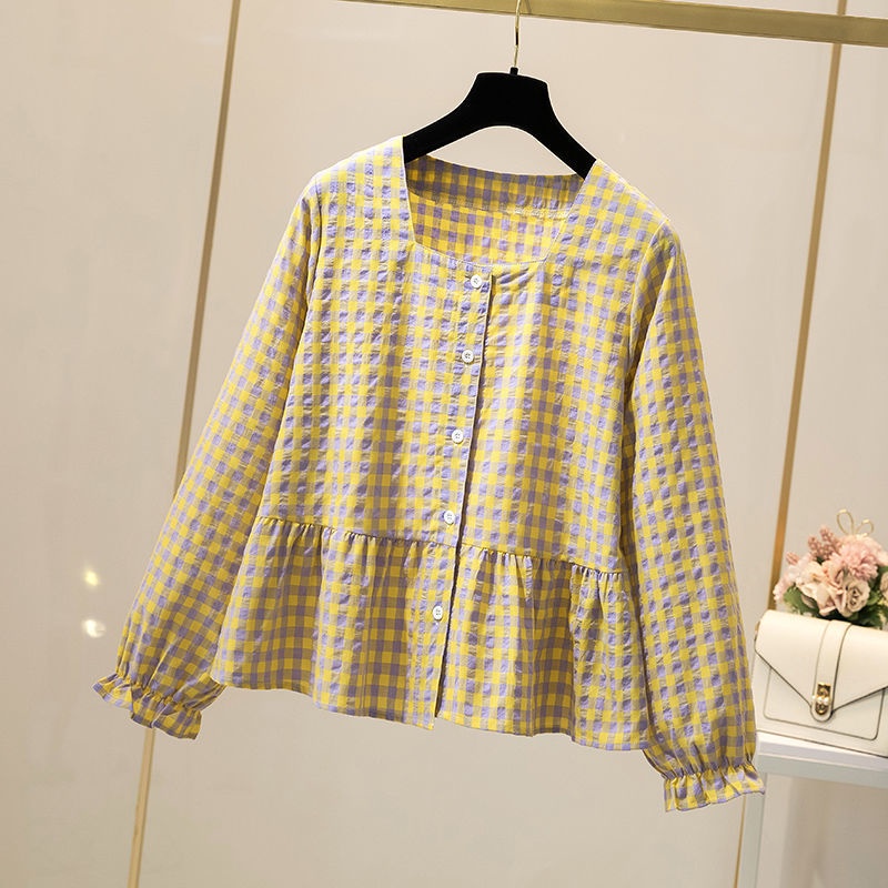 Áo Sơ Mi Caro Tay Dài Cổ Vuông Plus Size Dễ Phối Đồ Cho Nữ