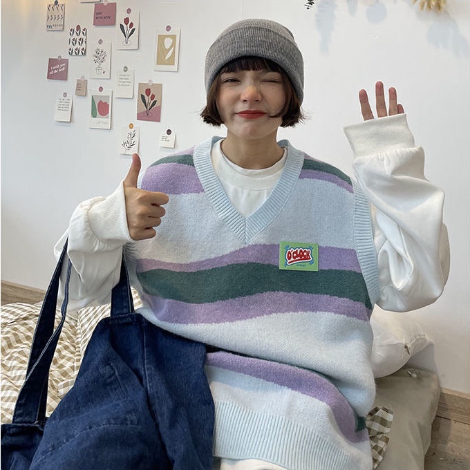 Thời Trang Áo Len Dệt Kim Không Tay Dáng Rộng Phối Màu Tương Phản Phong Cách Hàn Quốc