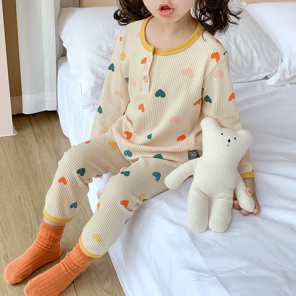 Set quần áo sơ sinh vải cotton tổ ong hình trái tim nhiều màu dài tay, Bộ quần áo bé trai và bé gái mềm mại thoáng mát