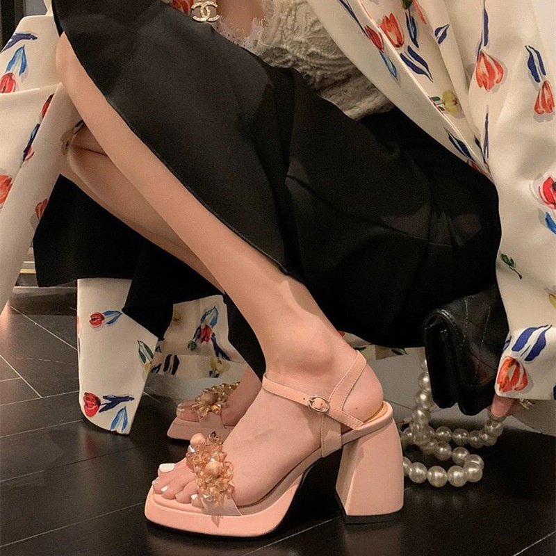 Giày Sandal Cao Gót 2022 Thiết Kế Quai Đính Đá Sang Trọng Phong Cách Pháp Thời Trang Mùa Hè Mới Cho Nữ