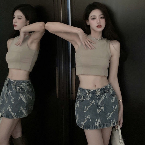 2023 Chân váy denim lưng cao thời trang dành cho phái nữ