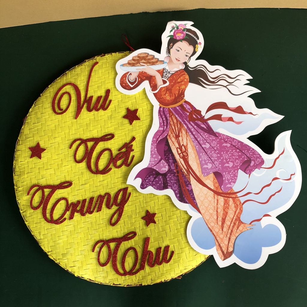 Mẹt tre trang trí Vui Tết Trung Thu cùng chị Hằng Nga dưới ánh trăng tròn đường kính 60cm chữ xốp nổi phủ nhũ lấp lánh