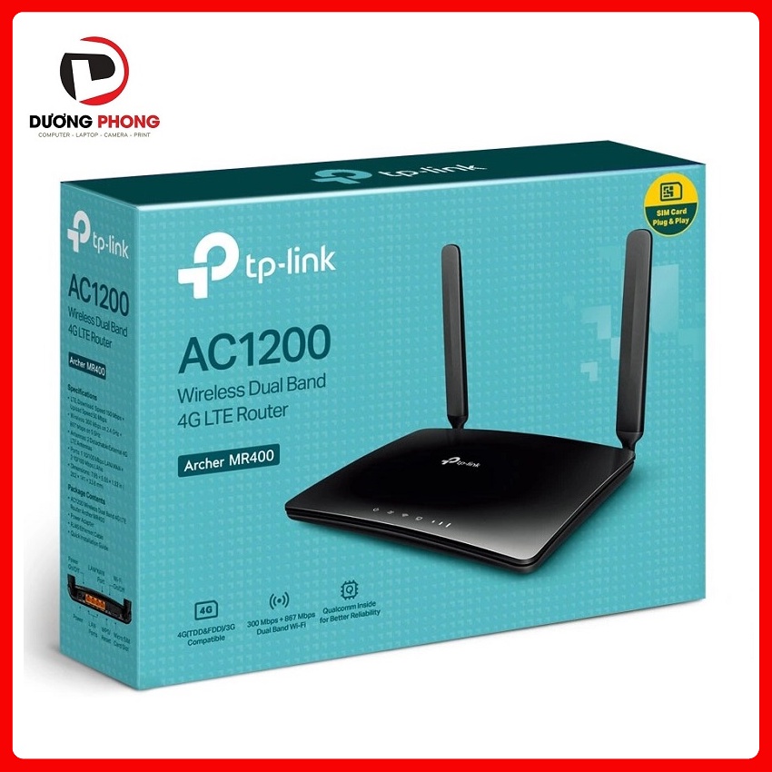 Bộ phát Wifi TP-Link Archer MR400 Băng Tần Kép Sim 4G LTE AC1200 - Hàng chính hãng