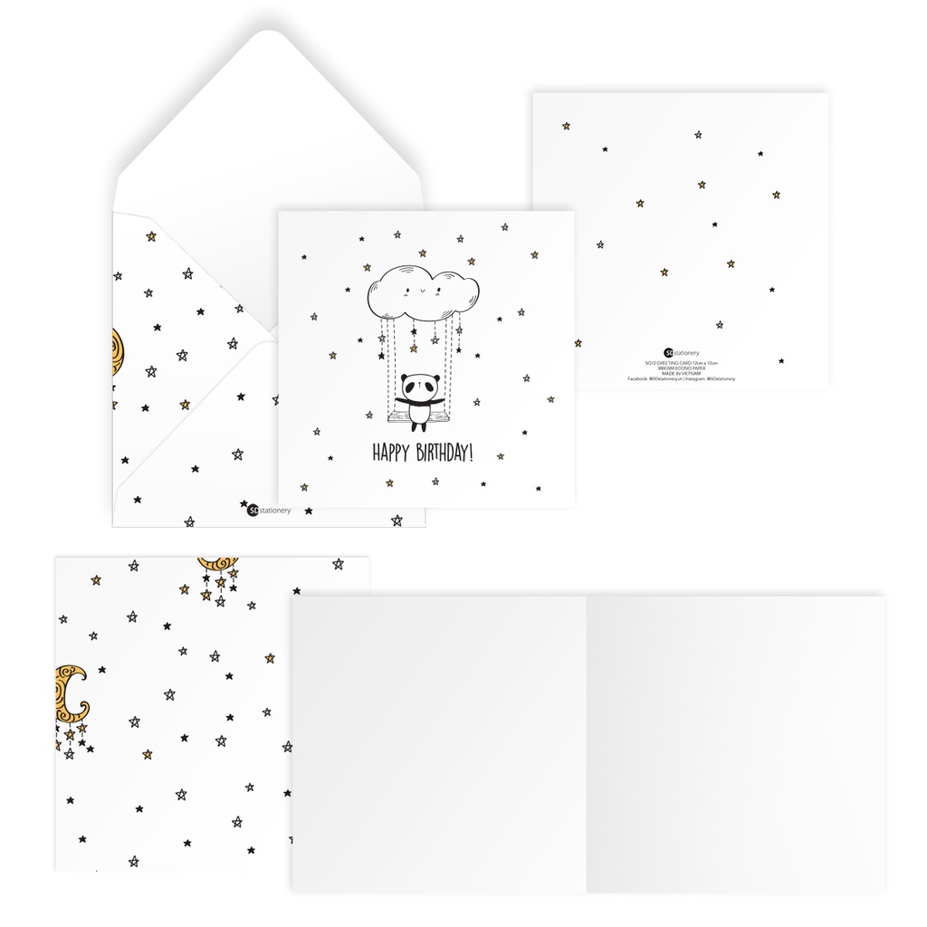 Thiệp sinh nhật, tình bạn, tình yêu, Valentine SDstationery Panda vuông 12 cm hình gấu trúc dễ thương