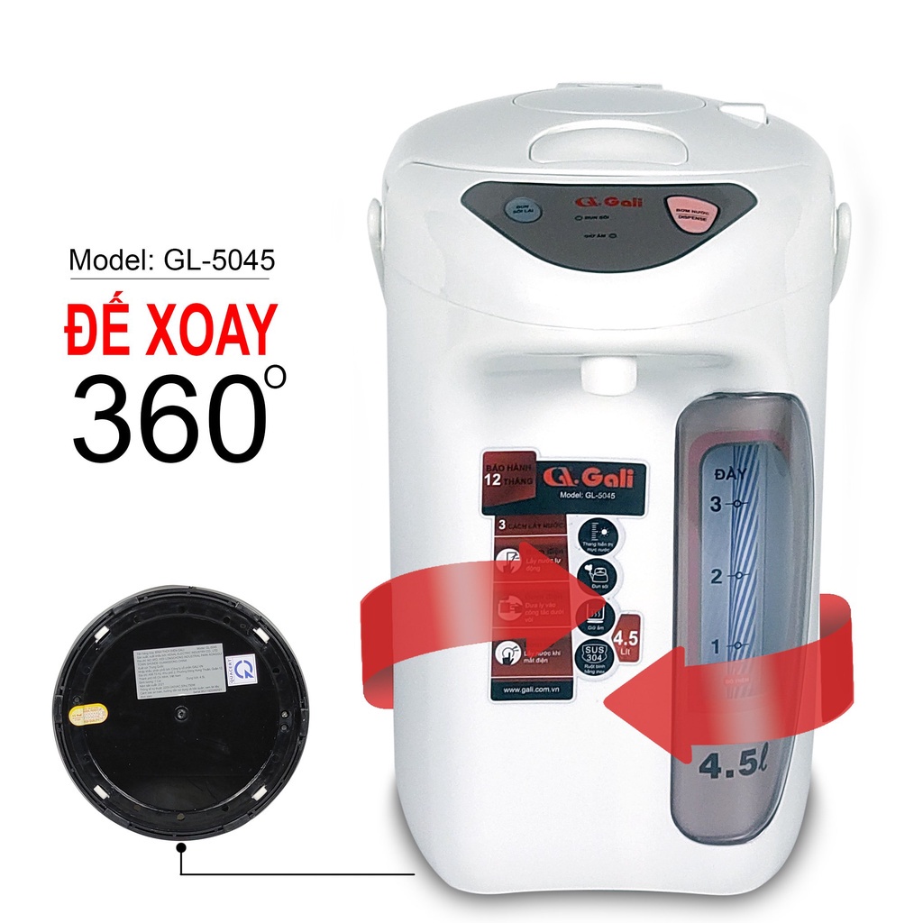 Bình thủy điện Gali 5045/750w/4.5L, giữ ấm 24h, thân 02 lớp hàng nhập khẩu chính hãng bảo hành 12 tháng