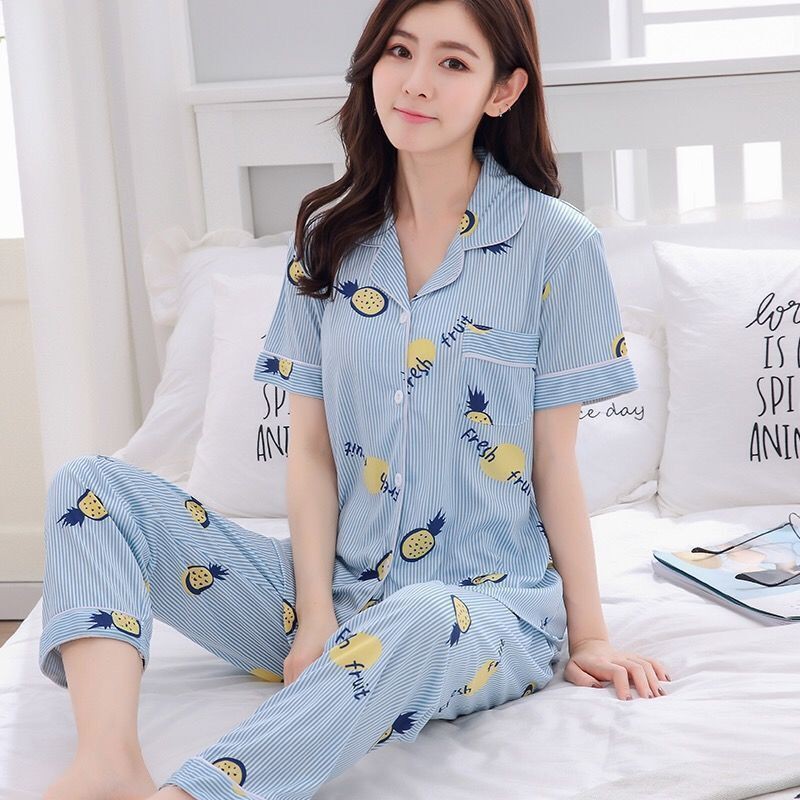 đồ ngủ✉✴net người nổi tiếng pyjama nữ quần dài tay ngắn mùa xuân và hè Kiểu dáng mỏng hoạt hình dễ thương Hàn Qu