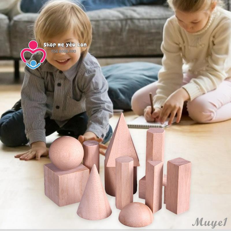 Set 12 Khối Gỗ Hình Học không gian cơ bản - Đồ Chơi Giáo Dục Montessori Cho Bé