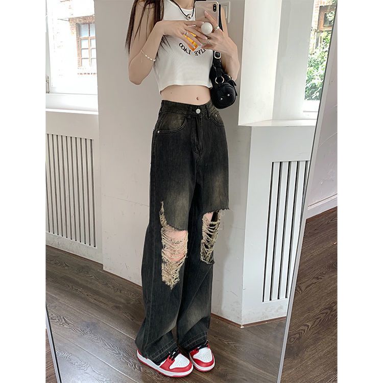 Jiashucheng Hàng Có Sẵn Quần Jean Rách Lưng Cao Dáng Rộng Phong Cách Retro Đường Phố Hàn Quốc Mùa Hè Cho Nữ