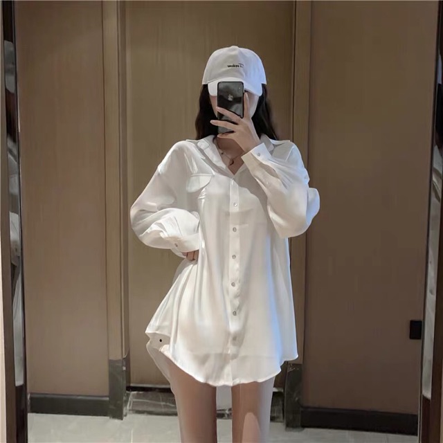 (Ảnh thật) Áo sơmi satin nhũ phản quang chất lụa mềm form rộng hot trend Hàn Quốc 2 túi đắp ulzzang