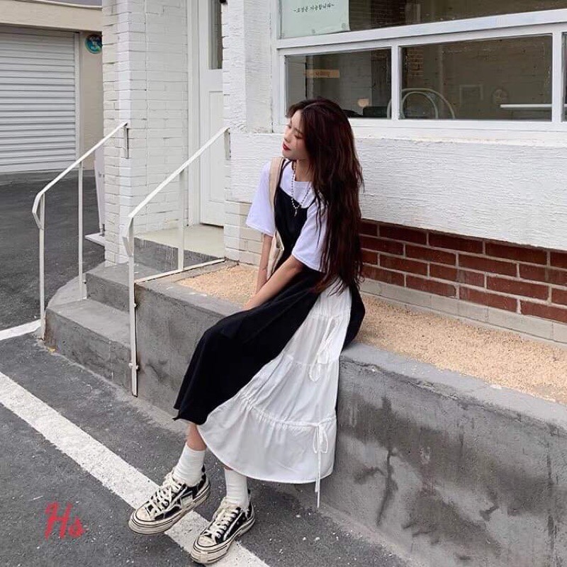 Sét váy trắng yếm đen nơ bụng