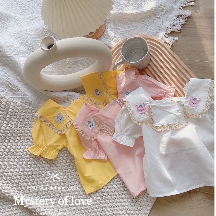 Áo Cotton Thêu Hình Thỏ Thoáng Mát Cổ Phối Ren Cho Bé Gái -Boody - A25