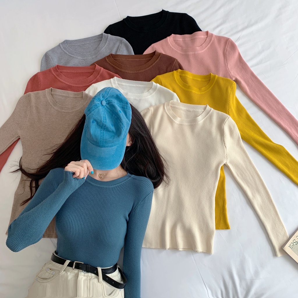 Áo Len Tay Dài Cổ Tròn Màu Sắc Đơn Giản