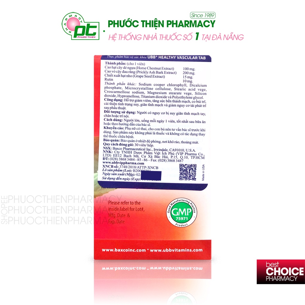 Viên uống hỗ trợ ngăn ngừa suy giãn tĩnh mạch chân, co búi trĩ Ubb Healthy Vascular Tab 30 Viên