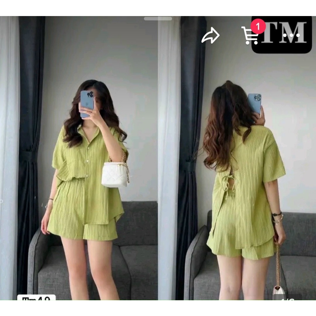 Sét bộ áo sơ mi đũi xốp sọc nút cài sau cột nơ phối quần đùi xinh xắn thời trang nữ thiết kế đa phong cách