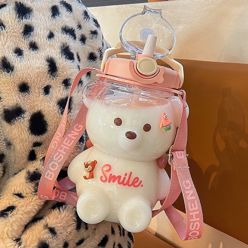 Bình nước 1 lít siêu cute có dây đeo nhiều màu bình nước cute có ống hút hình gấu B24