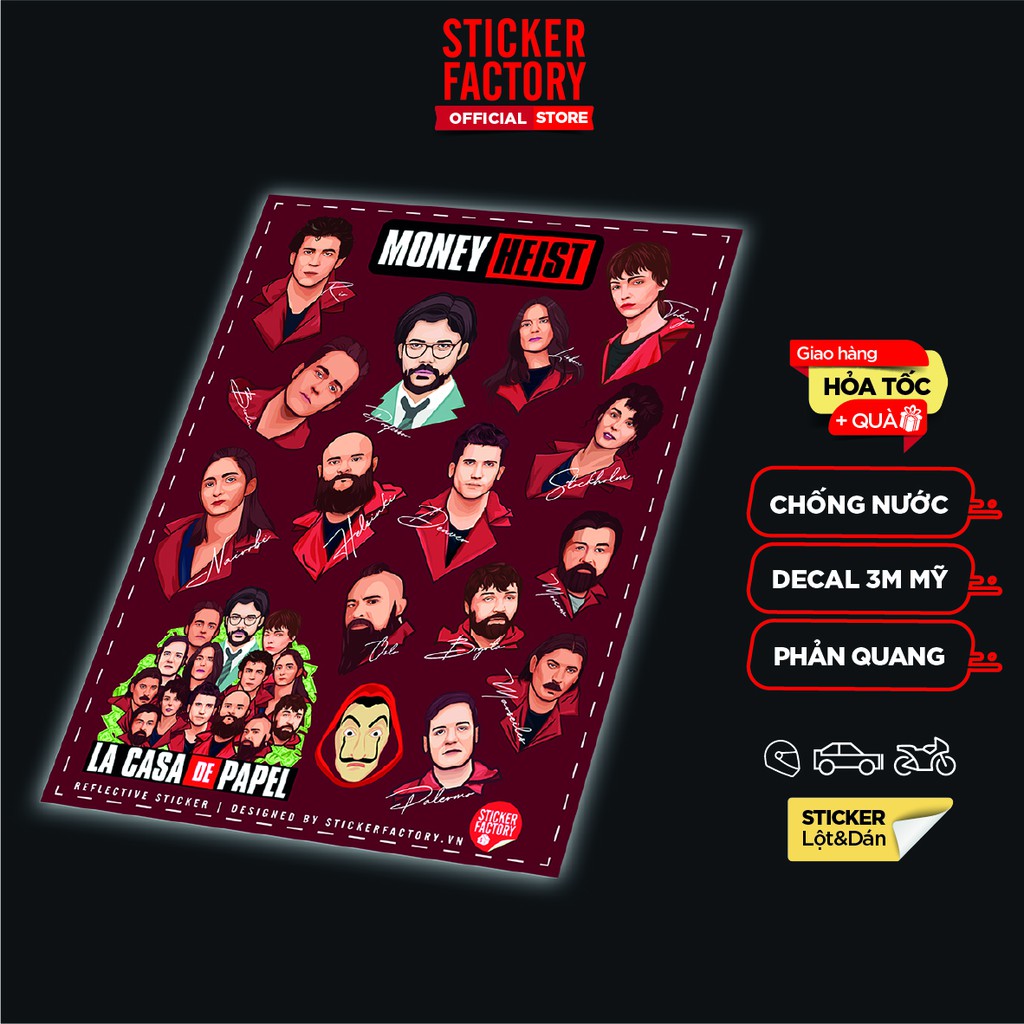 Sticker Reflective Hình Dán Phản Quang 3M Premium - Sticker Factory - chủ đề 14 Character Money Heist