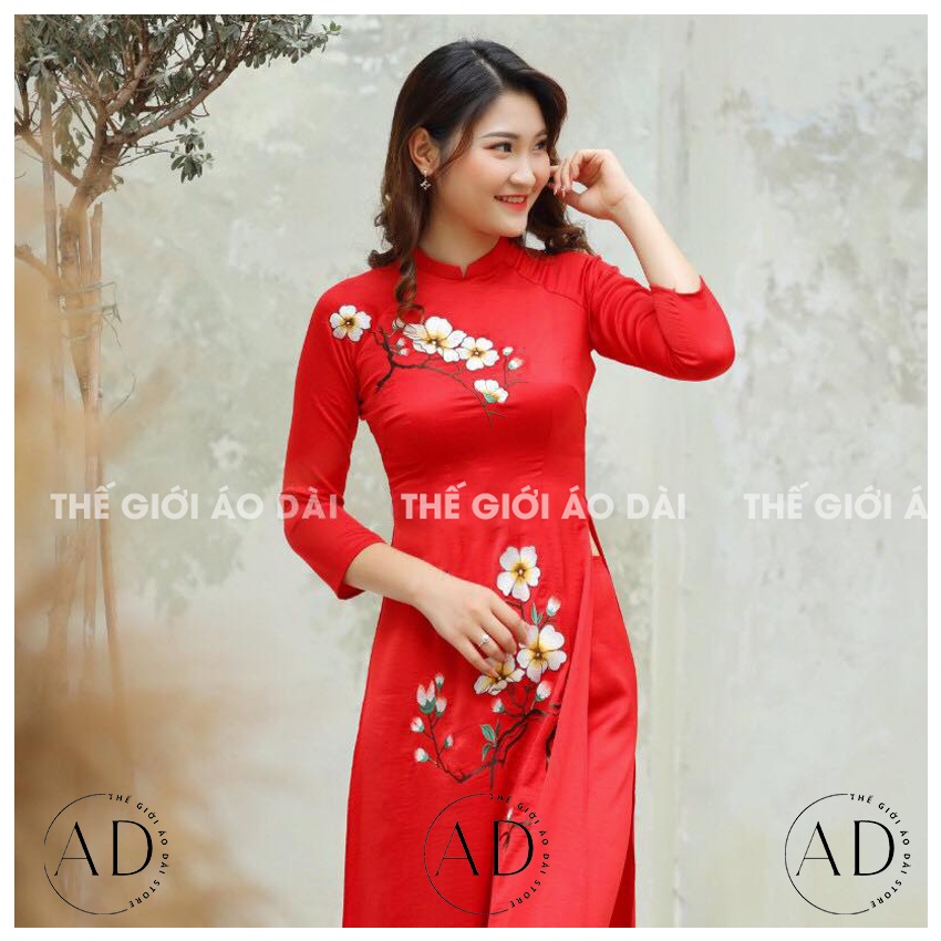 Áo dài đỏ thêu hoa mai mặc lễ tết đẹp nhiều size lựa chọn, vải lụa tây thi tô châu cao cấp màu đỏ - Thế Giới Áo Dài