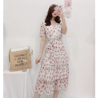 Đầm maxi nữ cổ V dáng dài phối tầng xòe