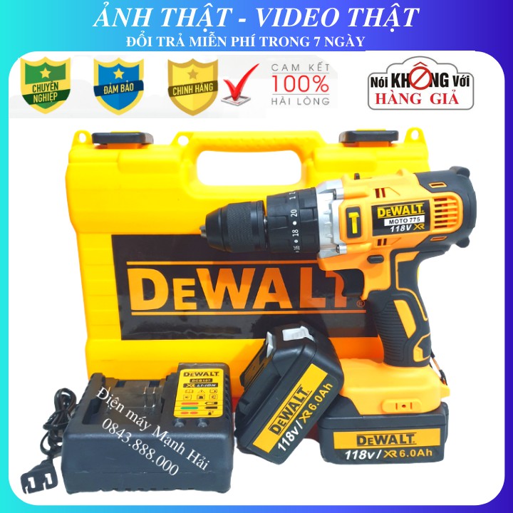 Khoan pin DEWALT 118V - 2 PIN KHỦNG 10 CELL - 3 chức năng: Khoan bê tông, sắt, gỗ, bắn vít, bắn tôn... Hàng cao cấp