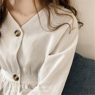 Áo sơ mi cài nút bo eo cổ V cho nữ