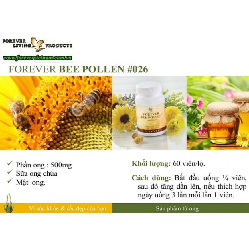 [CHÍNH HÃNG] Phấn Ong Tăng Cường Sinh Lực Forever Bee Pollen Tablet #026Flp. 60 viên/lọ