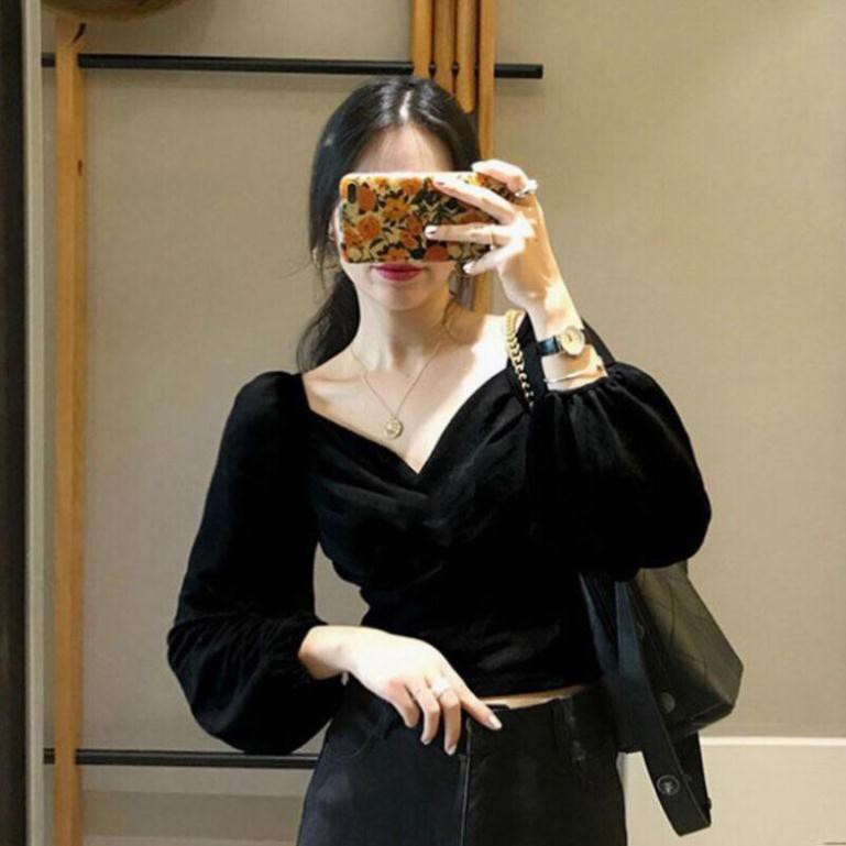 Áo nhung tay phồng cổ nhún