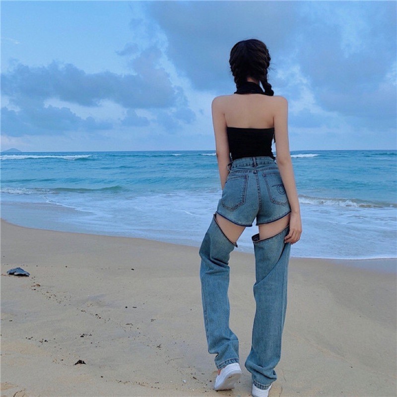ULZZANG  Quần jeans ROSE BLACKPINK ulzzang ống rộng kéo khoá phong cách FASHIONITA cá tính 2021