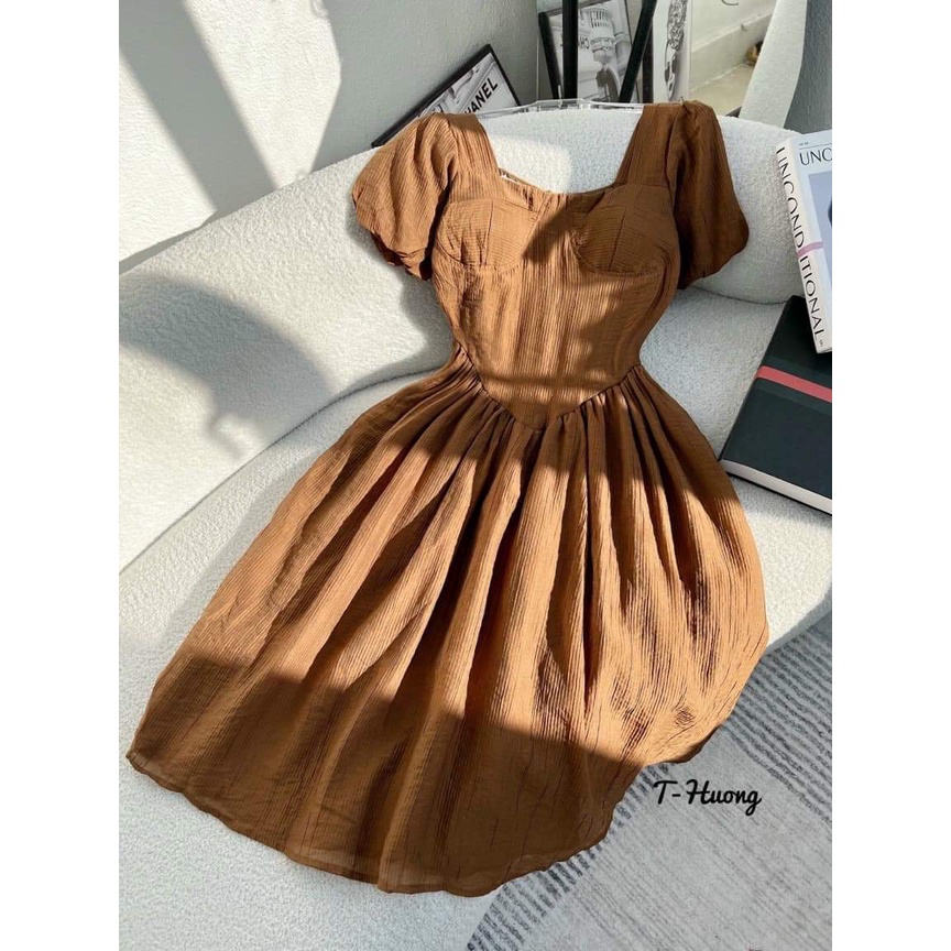 Váy thiết kế nữ tay bồng chất đũi hàng 2 lớp có cúp ngực tiểu thư bánh bèo siêu xinhI Trần Hân Shop 3007458