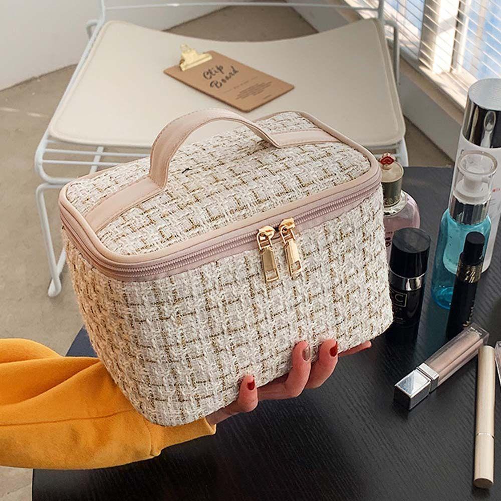 Túi Đựng Mỹ Phẩm Hình Trụ Cỡ Lớn Có Tay Cầm Và Khóa Kéo Phong Cách Hàn Quốc
