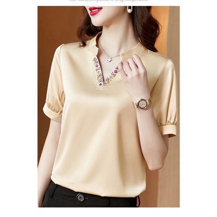 Áo Sơ Mi Voan satin Ngắn Tay Cổ Chữ V Màu Sắc Thanh Lịch Thời Trang Cho Phụ Nữ Trung Niên