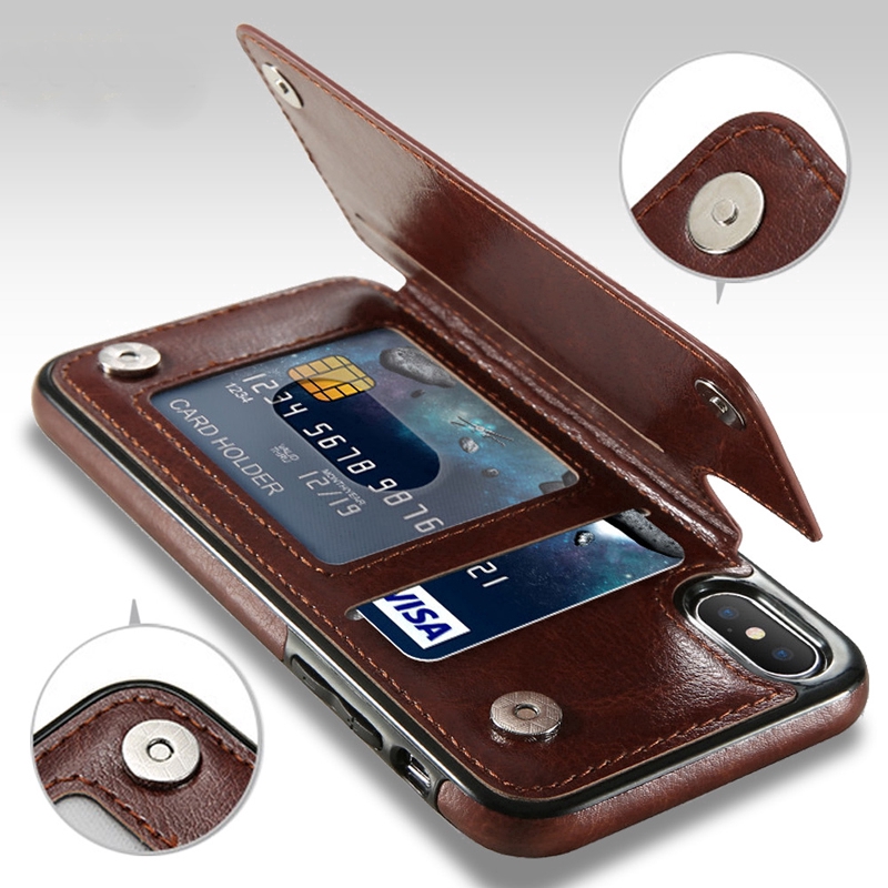 Bao da PU nắp gập có khe đựng thẻ/tiền kiêm giá đỡ cho iPhone 6 6S 7 8 Plus X 11 12 13 Pro Max Mini