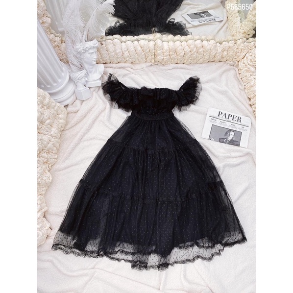 Đầm midi công chúa bẹt vai lưới bi sang trọng TRIPBLE T DRESS - size M/L - MS363V