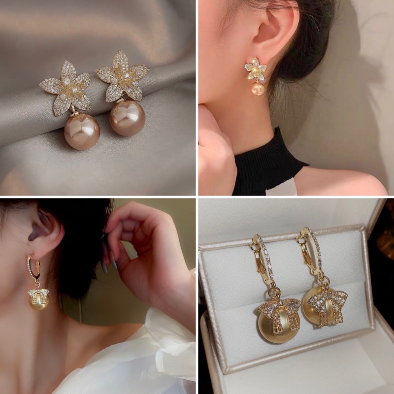 Bông tai đính hạt retro NT , chân kim bạc