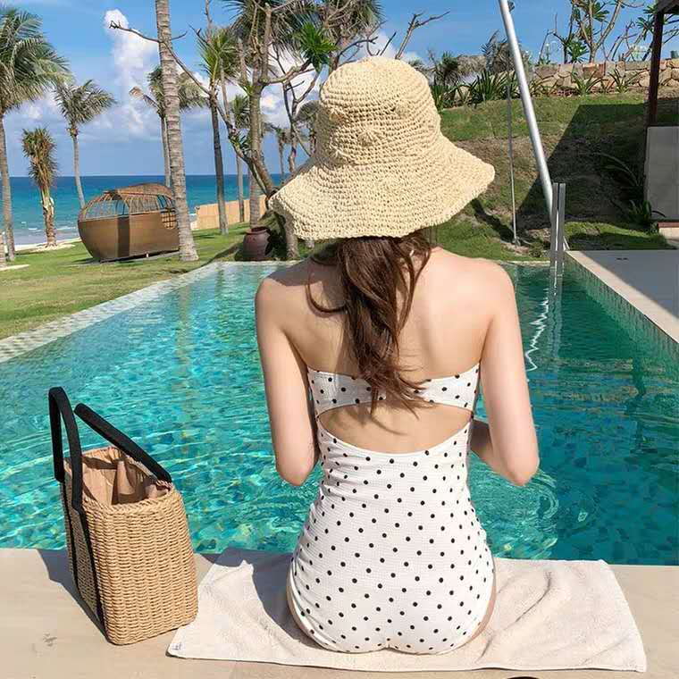 New Style White Polka Dot Triangle One-Piece Swimsuit for Women Gathering Small Chest Steel Bracket Student Conservative Hot Spring