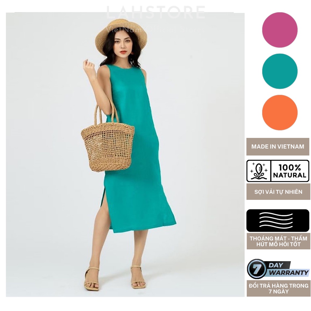 Đầm Linen Nữ Cổ Tròn Dáng Yếm Nơ Lưng LAHSTORE