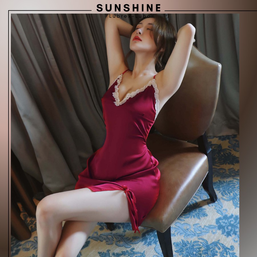 Váy ngủ lụa cao cấp phối ren sexy Đầm ngủ lụa 2 dây sexy màu đỏ dành cho nữ Sunshine Lubrexlubo VL1045