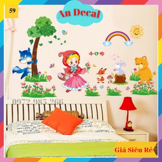 Tranh decal, decal dán tường trang trí phòng cho bé cô bé quàng khăn đỏ đi trong rừng