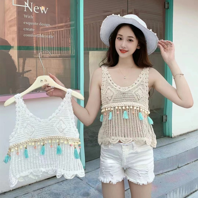 Áo Tank Top Dệt Kim Phối Tua Rua Gợn Sóng Thời Trang Mùa Hè Cho Nữ