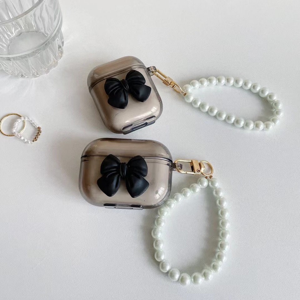 Vỏ bảo vệ hộp sạc tai nghe Airpods 1/ 2/ pro mềm đính nơ ngọc trai thời trang