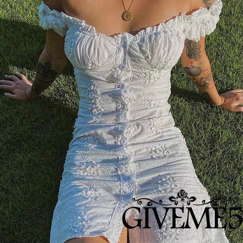 Đầm Trắng Mini Cổ Chữ V Trễ Vai In Họa Tiết Hoa Thanh Lịch Cho Nữ