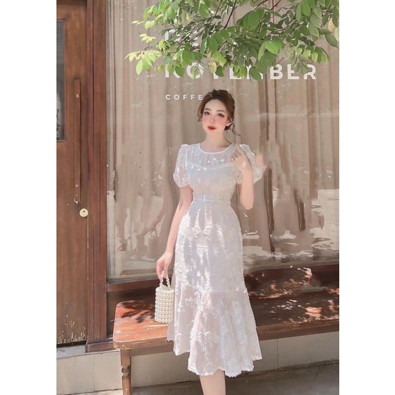 vnxk-Đầm Xô ren trắng tay con đuôi cá::230k