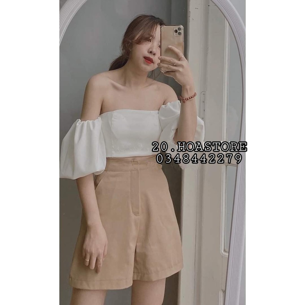 SET ÁO TRỄ VAI TUYẾT MƯA PHỐI QUẦN ĐÙI KAKI MÀU NUDE ULZZANG