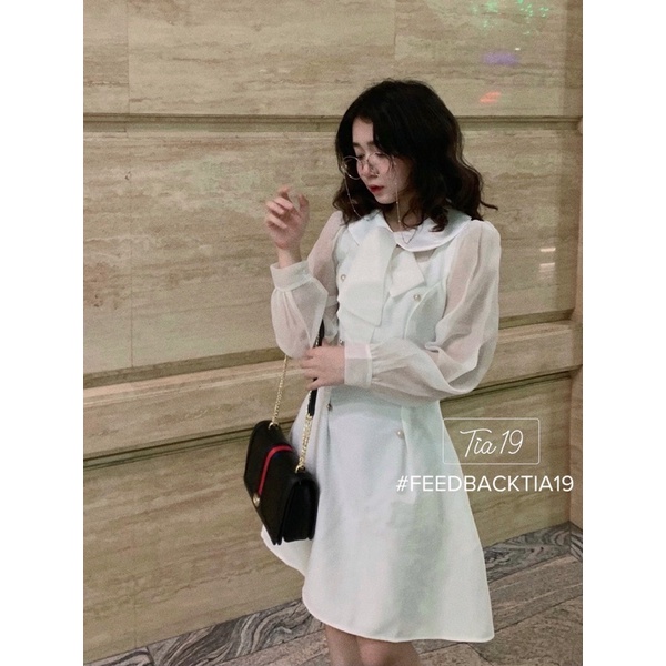 Váy trắng dạ thắt nơ dài tay ulzzang Tia19. Đầm trắng sơ mi dự tiệc dáng xoè