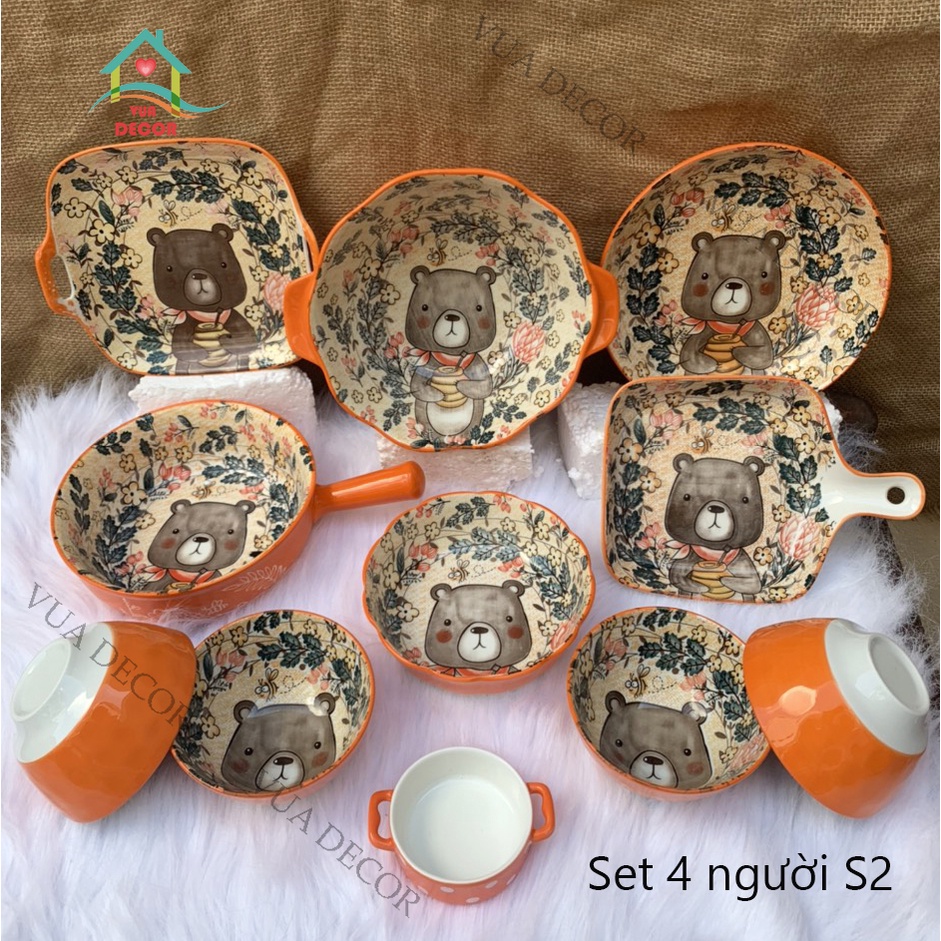 Set Bát Đĩa ⭐️Gấu Cam⭐️ Bát đĩa ăn cơm ăn mì, decor bàn ăn dễ thương S100