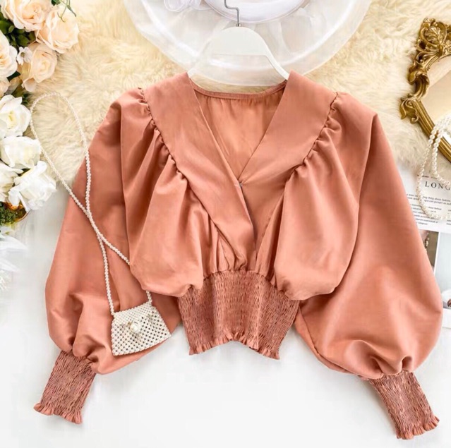 Áo voan kiểu cổ V bo eo siêu xinh HÌNH THẬT TRẢI SÀN THỨ2
