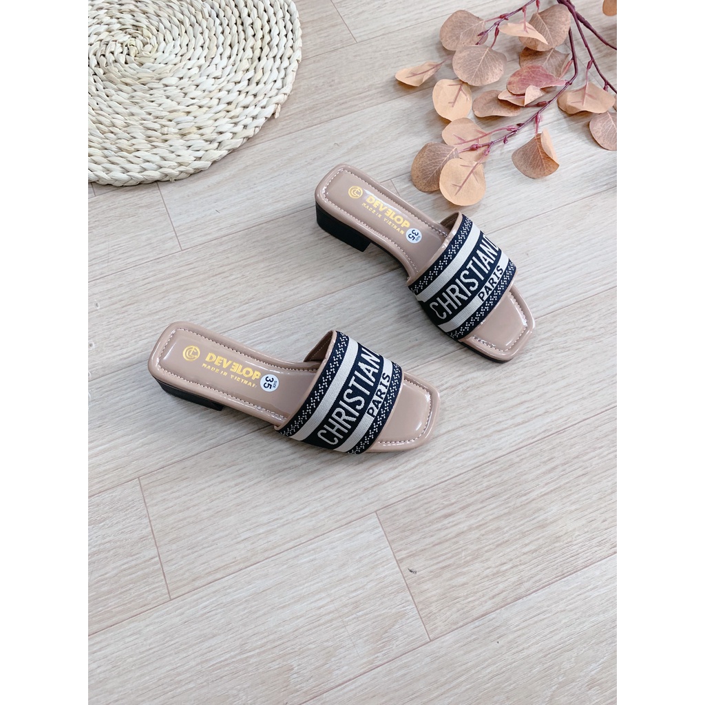 Dép lê nữ gót 3 phân lót bóng quai chữ thêu